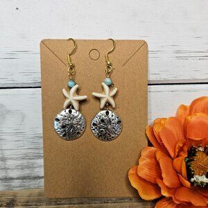 Boho Beach Sea Life white Stone Starfish Mixed Metal Dangle Earrings